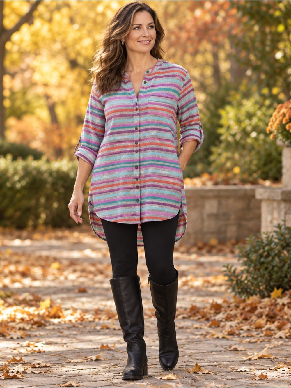 Lands’ End Cotton Flannel Striped Tunic Shirt with side pockets, M